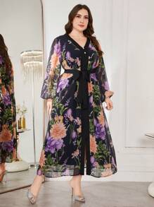 Modelyn Plus Size Chiffon Floral Romantic Elegant A-Line Tie Waist Dress - Black - View 3