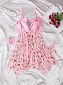 Women's Sexy Nightgown With Bow, Ruffle, Cut-Out, Romantic Floral Print Pink - Pink - View 6