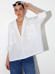 Aveloria Affinna Women's White All-Match Versatile Casual Loose Fit Lapel Collar Deep V-Neck Oversized Pocket Design Long Sleeve Blouse, European And American Minimalist Style