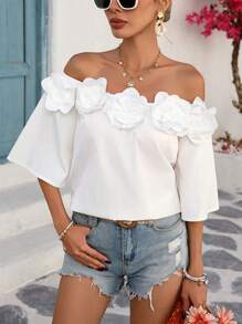Breezaya Camisa informal de vacaciones con hombros descubiertos y decoración de flores 3D con mangas 3/4, para primavera/verano - Blanco - Ver 6
