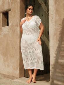 SHEIN Swim Curve Plus Size Vrouwen Witte Lange Mouw Uitgeholde Gebreide Zomer Strand Vakantie Cover Up Jurk