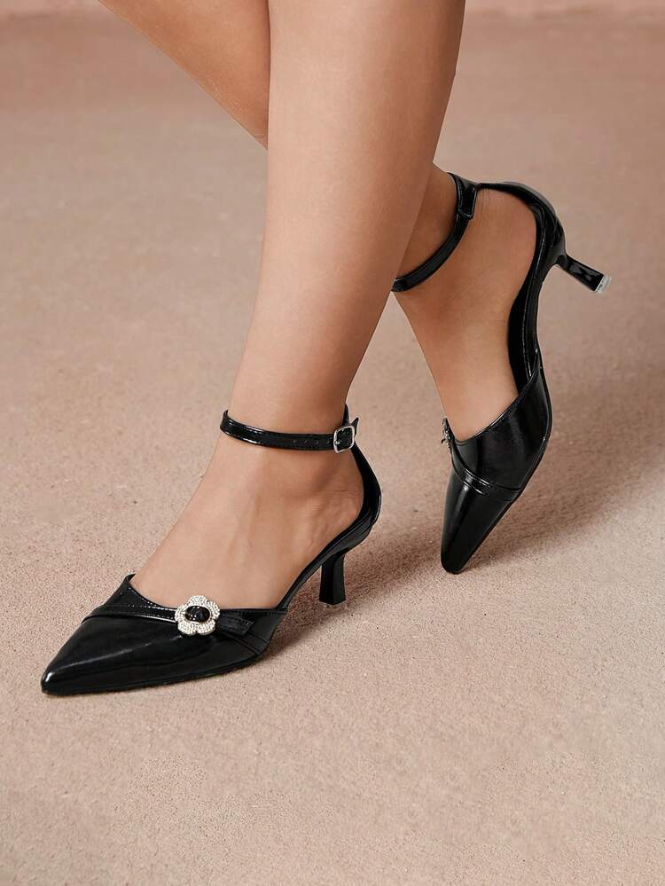 CUCCOO CURVES Plus Size Wide-Fit Pointed Toe Elegant Black PU Hollow-Out Buckle Decor Stilettos, Versatile Pumps, All Season Spring Shoes