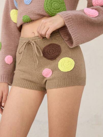 Skyraze Women's Khaki Colorful Polka Dot Knit Low Waist Shorts