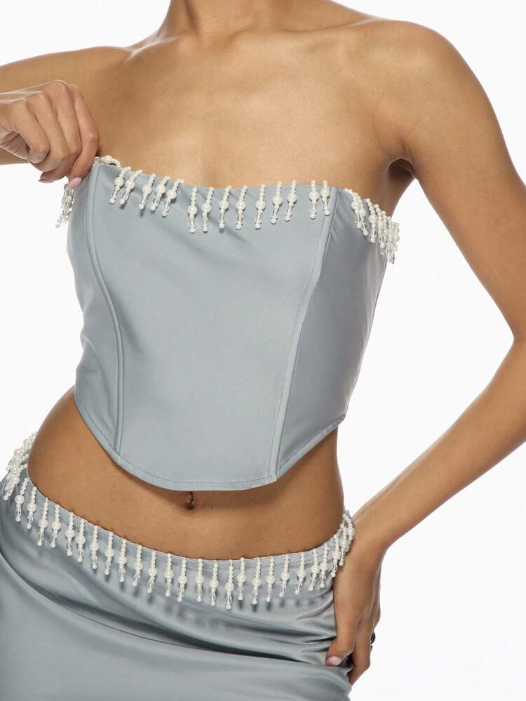 MISSGUIDED Sleeveless Corset Top And Maxi Skirt Set With Beaded Trim Elegant Evening Party Wedding Guest Co-Ord Formal Special Occasion Two-Piece Outfit