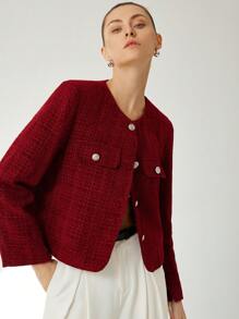 Aveloria Modichic Elegant French Tweed Round Neck Metal Button Front Pocket Peplum Women Short Sleeve Jacket