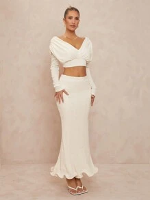 Lumalex 肩垫交叉褶皱长袖女式 T 恤，简约时尚休闲日常穿着 - 白色 - 查看 7