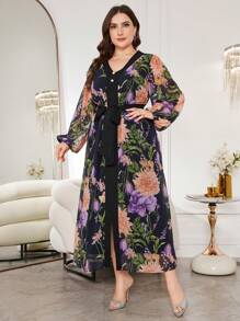Modelyn Plus Size Chiffon Floral Romantic Elegant A-Line Tie Waist Dress - Black - View 6