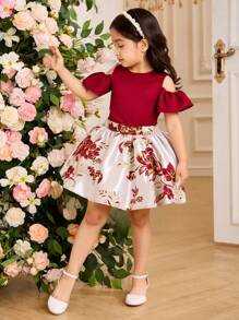 SHEIN Glamorique Kids 年轻女孩 2 件缎面泡泡袖上衣搭配提花裙套装，优雅时尚，适合春夏日常穿着、派对和聚会，展现女孩优雅、活力和可爱的风格 - 酒紅色 - 查看 1
