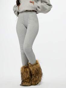 SUMWON WOMEN Quần legging cạp cao có gân mùa đông ấm áp, quần dài co giãn mềm mại thoải mái - Xám - Xem 5