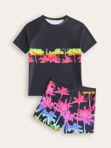 Tween Boy New Fashionable Coconut Tree Print Swimsuit Set - Multicolor - View 1