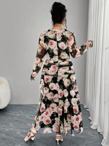 Modelyn Plus Size Long Floral Mesh Ruffle Elegant Flared Hem Fitted Dress - Black - View 2