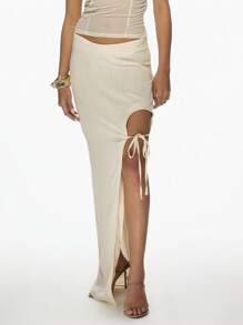MISSGUIDED Linen Beach Maxi Skirt With Side Tie Detail Bohemian Summer Resort Long Split Cut Out Design Vacation Evening Wear - Apricot - View 6