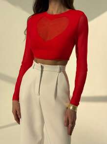 Aloruh Women's Sexy Sheer Heart Mesh Patchwork Cropped T-Shirt - Red - View 2