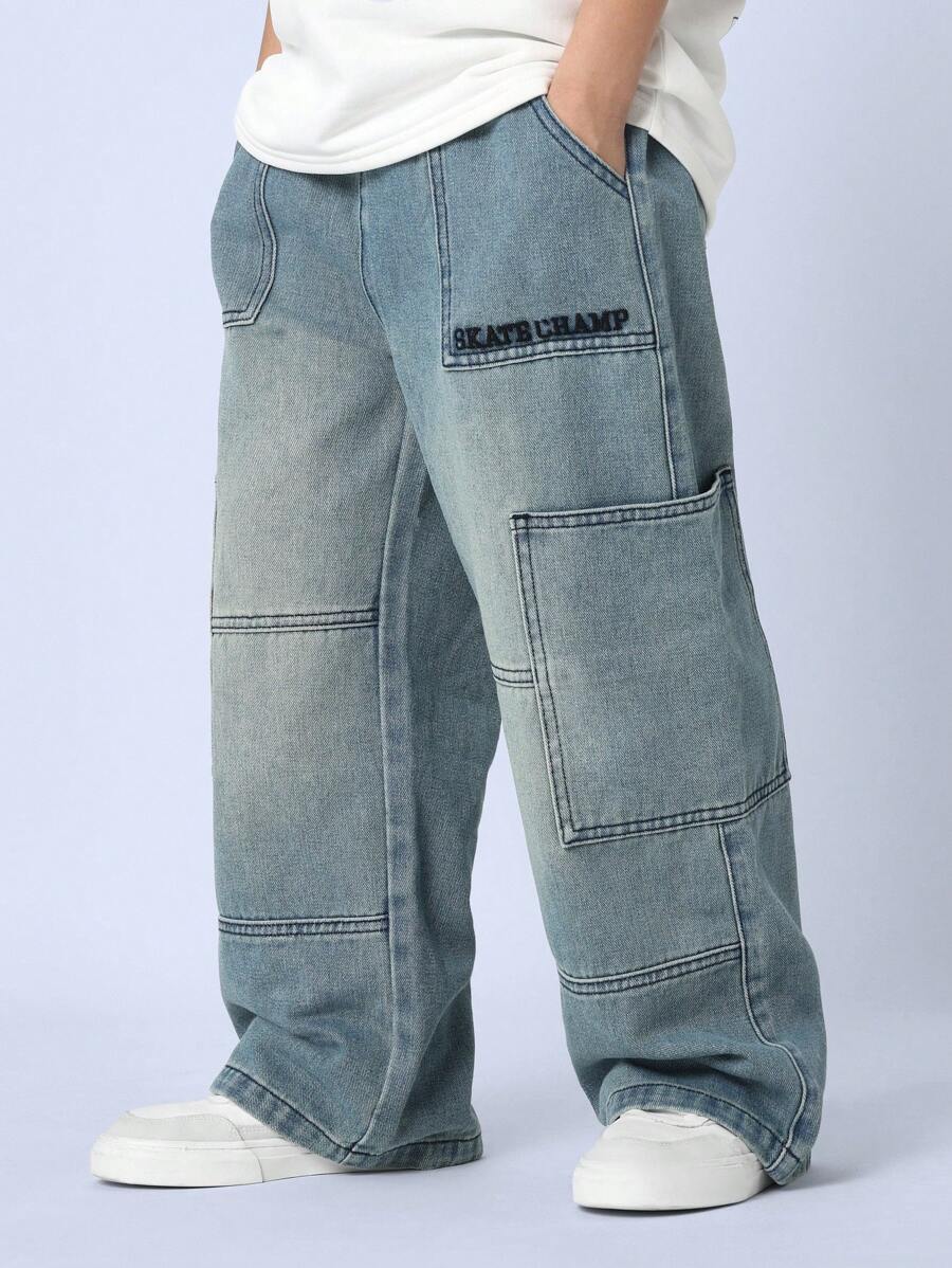 SUMWON Skateboard Champion Cargo Denim Jeans Wide Leg Relaxed Fit Streetwear Baggy Pants With Multiple Pockets Teen Urban Fashion Pants Fall Winter - Blue - View 1