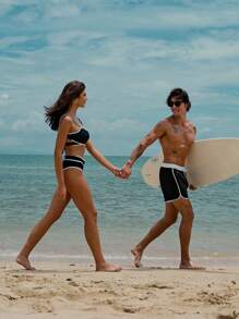 SHEIN Swim Women's Minimalist Casual Contrast Binding Bikini Swimwear Set, For Summer Beach Vacation, Couple Matching - Black and White - View 5