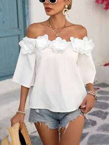 Breezaya Camisa informal de vacaciones con hombros descubiertos y decoración de flores 3D con mangas 3/4, para primavera/verano - Blanco - Ver 4