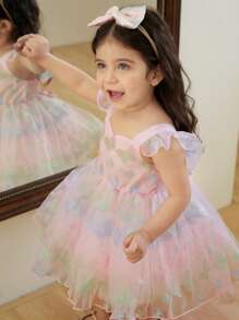 SHEIN Baby Girls Pink Summer Cute Birthday Partywear,3D Butterfly Netting Flutter Sleeve Mesh Dress With Bowknot Decoration & Matching Bow Hairband - Pink - View 4