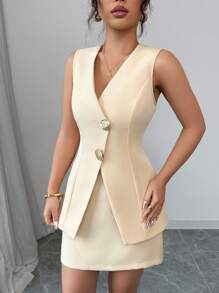 Elenzga Solid Color V-Neck Metal Button Vest & Skirt 2pcs Set, Elegant For Women - Yellow - View 6