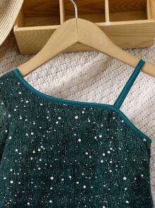 SHEIN Girls' Elegant Sequin Snug Fit Asymmetrical Dress, Suitable For Party - Green - View 4