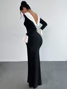 Firerie Women's Black And White Contrast Back Pile Collar Pearl Chain Slim Maxi Dress, Elegant Autumn Ruffle Trim Long-Sleeve Backless Dress For Dining Party - Black - View 2