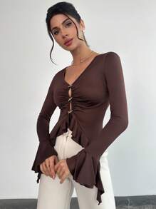 SHEIN Privé Women's Elegant Vintage Butterfly Ruffle Trim Long Sleeve Top Tee - Mocha Brown - View 6