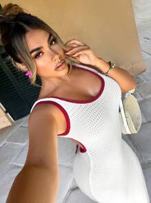 Zolique Hot Girl Low Back Tie-Up Color Block Dress, Hollow Out Knit Bodycon Dress - White - View 5