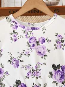 Teen Girl Floral Print Ruffle Hem Mesh Splice Dress - Purple - View 7