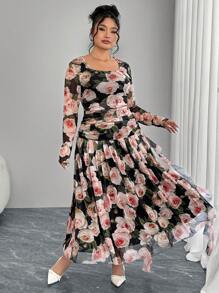 Modelyn Plus Size Long Floral Mesh Ruffle Elegant Flared Hem Fitted Dress - Black - View 7