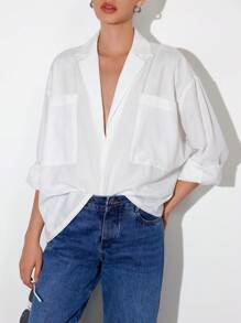 Aveloria Affinna Women's White All-Match Versatile Casual Loose Fit Lapel Collar Deep V-Neck Oversized Pocket Design Long Sleeve Blouse, European And American Minimalist Style