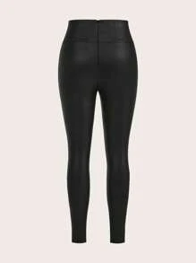 Zolique Women's Fashion Decorative Button Solid Color Slim Fit Pants - Black - View 2