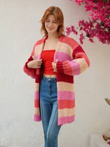 Skyraze Damski gruby dzianinowy długi kardigan w różowe i czerwone paski - Czerwony - Zobacz 1
