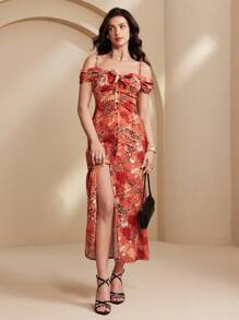 Calvaya Abito elegante da donna con spalle scoperte e stampa sul collo