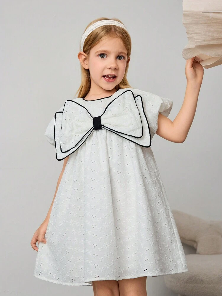 Young Girls Loose Casual Puff Sleeve Bowknot Decor Dress