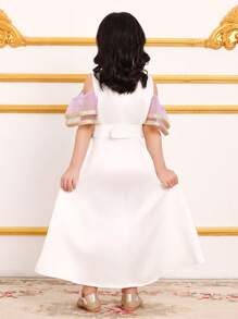 SHEIN 2 Pieces Set: White Short Sleeve Open Shoulder Dress For Young Girls - Multicolor - View 2