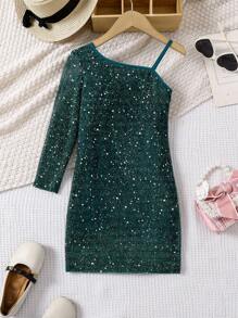 SHEIN Girls' Elegant Sequin Snug Fit Asymmetrical Dress, Suitable For Party - Green - View 1