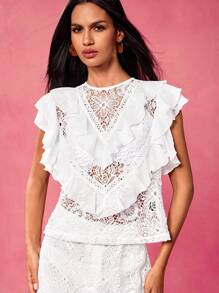 VERO DIAZ Blusa elegante con volantes de encaje y gasa blanca en estilo bohemio y de diseñador para primavera y verano, ideal para vacaciones, crucero, salir, festival, Ibiza