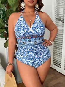 Swim Lushoire Plus Size Women 2pcs Set All-Over Print Halter V-Neck Sexy Casual/Vacation Tankini Swimwear, For Summer Beach - Blue and White - View 4