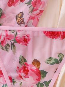 مجموعة بيجامة نسائية طقم بيجامة + سروال 2 قطعة/مجموعة بطبعة زهور والفتحة العنقية متموجة - وردي - مشاهدة 4