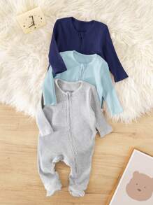 Bộ 3 bộ đồ liền thân dệt kim mềm mại cổ tròn dài tay thoải mái tối giản cho bé trai sơ sinh - Nhiều màu - Xem 3