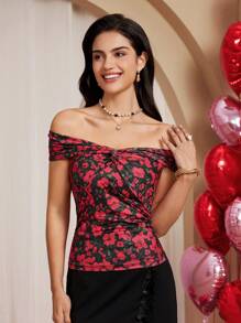 Chiquease Áo thun nữ hở vai họa tiết hoa nhỏ thanh lịch thắt nút xoắn - Nhiều màu - Xem 4