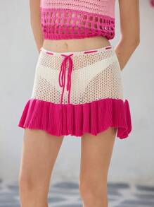 SHEIN Unity Rose Red Contrast Color Patchwork Hollow Out Knitted Sweater Skirt - Multicolor - View 5