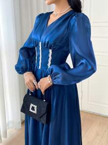 Modelyn Women's Long V-Neck Organza Elegant & Romantic Balloon Sleeve A-Line Dress - Blue - View 5