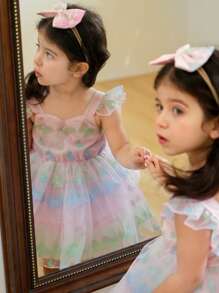 SHEIN Baby Girls Pink Summer Cute Birthday Partywear,3D Butterfly Netting Flutter Sleeve Mesh Dress With Bowknot Decoration & Matching Bow Hairband - Pink - View 7