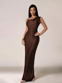 Zolique Women Elegant Plunging Neck Backless Dress - Brown - View 4