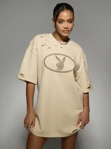 Missguided x Playboy Distressed Oversized T-Shirt Vintage Logo Print Urban Streetwear Grunge Fashion Casual Summer Festival - Khaki - View 1