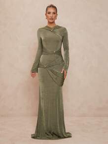 Lumalex فستان نسائي ضيق، رقبة طواقم، مزين بالمعدن، أكمام واسعة مجعدة