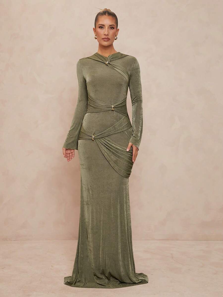 Lumalex فستان نسائي ضيق، رقبة طواقم، مزين بالمعدن، أكمام واسعة مجعدة