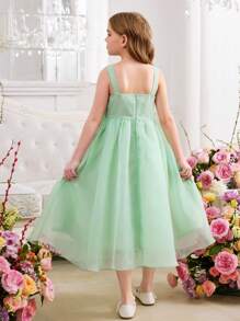 SHEIN Tween 女童优雅叠层荷叶边撞色边无袖连衣裙 - 綠色 - 查看 10