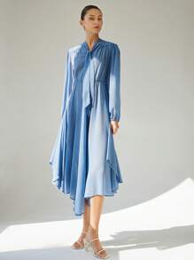 GENKIRA Blusa francesa romântica com gola alta, gola amarrada, chiffon transparente, cintura apertada, manga comprida, bainha assimétrica para mulheres - Azul - Ver 4