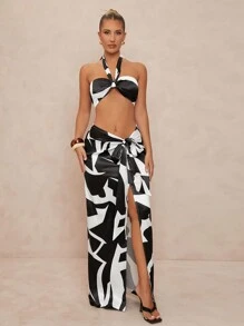 Lumalex 2 件女式套装：吊带高腰系带高开叉长裙 - 黑與白 - 查看 5